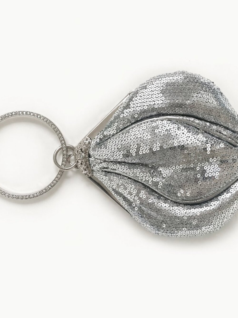 Vintage Silver Sequin Lip Clutch Bag Rhinestone Ring Handle Y2K Evening Purse